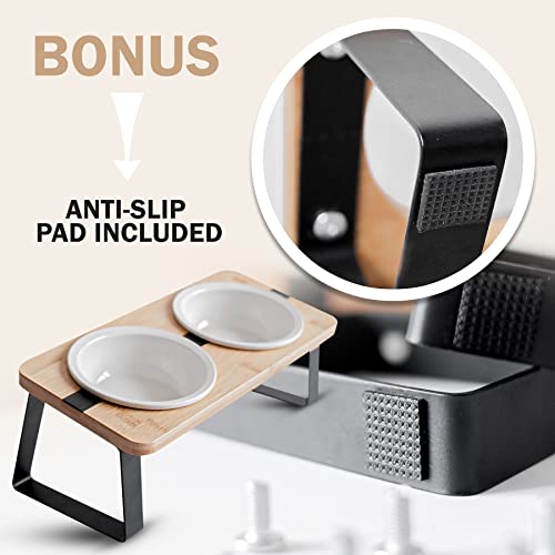 Elevated Cat Ceramic Bowls Stand, Small Dog, Indoor, Anti Vomit, Tilted Feeding Position, Full Bamboo Body Stand With Food Grade, Whisker Friendly Dish For Cats And Puppy #TOP6