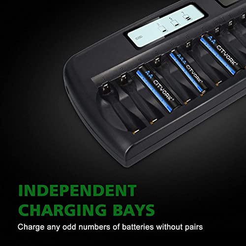 Cityork 16 Bay Rechargeable Battery Charger With Lcd Eye Protection Screen，Fast For 1.2V Aa Aaa Nimh Nicd Wireless Microphone Batteries With Refresh Function With Car Charger (Upgrade) #TOP1