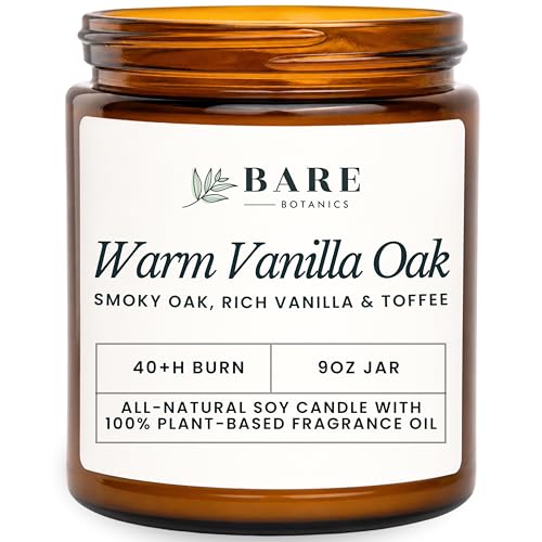 Bare Botanics Warm Vanilla Oak 9oz Soy Candle - 100% Plant-Based Fragrance Oils - Premium, Non-Toxic Candle - Softly Scented Natural Soy Wax - Handpoured in WI - 40 Hrs Long Burning & Ready to Gift