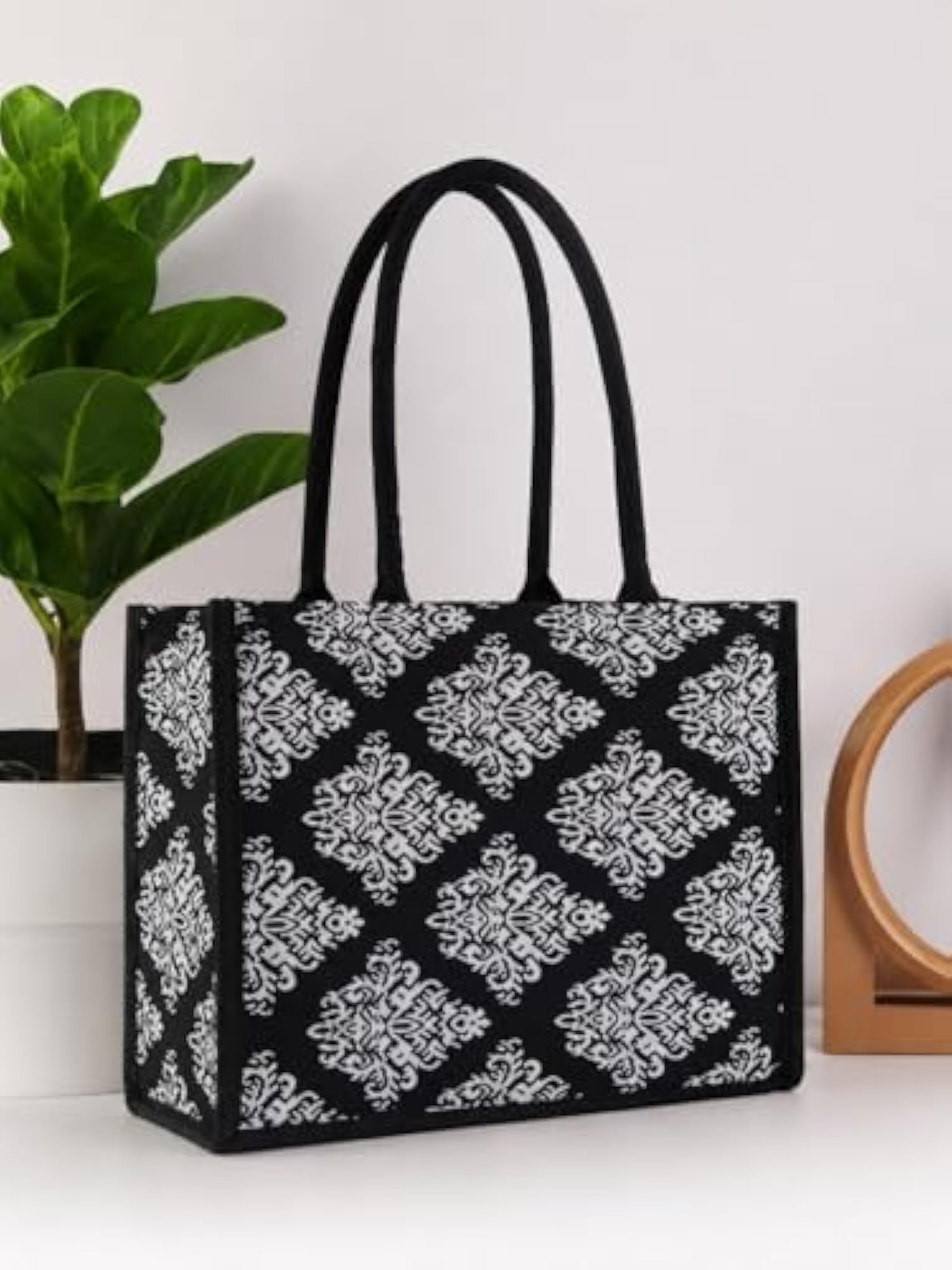 Black & White Ethnic Floral Printed Tote Bag, Reusable