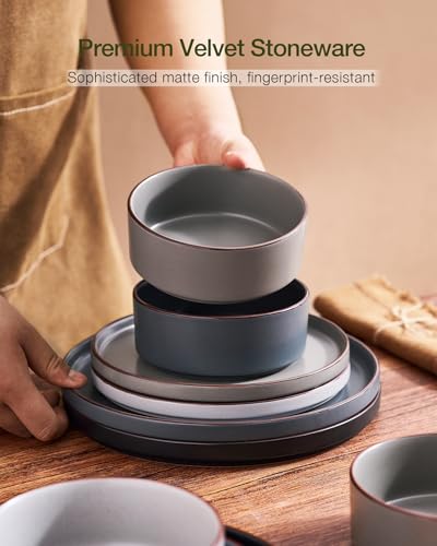 Image of Famiware Nebula Ridge Stoneware Dinnerware Sets with Pasta Bowls, Plates and Bowls Sets, Service for 4 (16 Pieces), Microwave and Dishwasher Safe Kitchen Plates, Multi-color