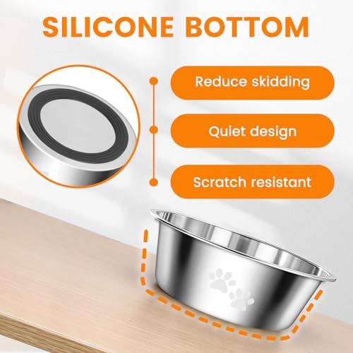 PETTOM 2 Stück Edelstahl Fressnapf Hund (1560 ML), Hundenapf Futternapf Hund Edelstahl mit Rutschfestem Silikonboden für Große, Mittelgroße Kleine Hunde, Spülmaschinengeeignet, M - 21 cm, Silber