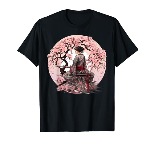 Japanese Samurai Girl Vintage Retro Sakura Cherry Blossom Camiseta