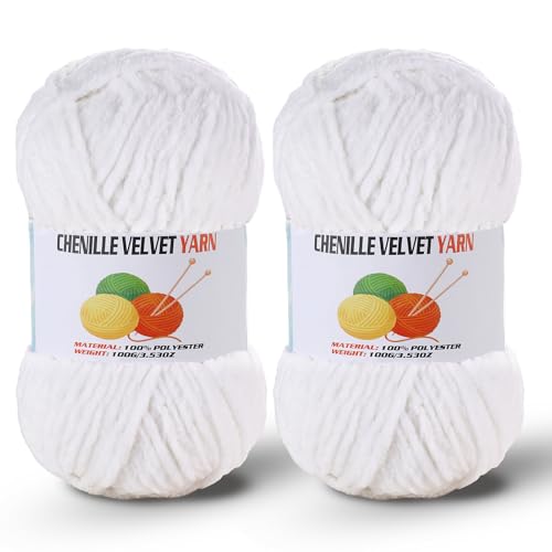 Image of 2 * 100g /3.5oz Fluffy Chenille Yarn for Crocheting, Chunky Velvet Yarn for Crochet Amigurumi, Used for Making Baby Yarns Blanket, Clothes, Pattern Knitting Creations (White)