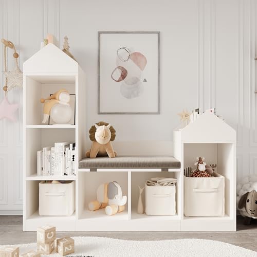 Litake Spielzeugregal Kinderregal mit 8 Fächern und 1 Kissen,...