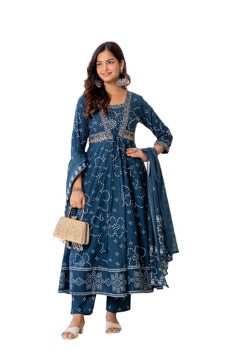 Image of Rangnavi Women's Cotton Trending Anarkali Embroidered Kurta with Pants and Dupatta Set | Ethnic Set (Blue)