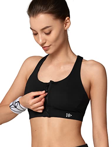 Yvette Strappy Zip Front Sports Bra High Impact Workout Bra For Running Spinning Dancing Women, Black, L(Ac) #TOP2