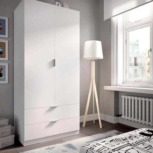 Guardaroba 2 Ante Pisanino, Mobile Appendiabiti per Camera da Letto, Armadio Multiuso 2 cassetti, 81x52h184 cm, Bianco