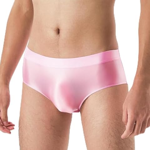 YiZYiF Sissy Panties Men's Silky Glossy Underwear Bikini Thongs Oily Swimming Lingerie Briefs Pink Large Cover
