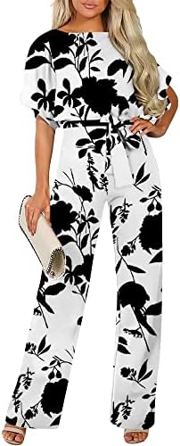 LEMDANNU Women One Piece Jumpsuit Chic Loose Fit Oblong Neck Batwing Short Sleeve Tie Waist Wide Leg Rompers (Floral Print S)