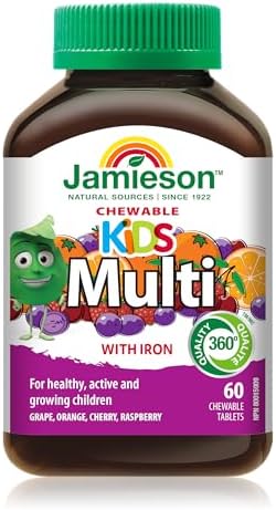 Jamieson Multivitamin Chewable for Kids, Orange, Grape, Cherry and Raspberry Flavours, Supports Growth and Development, Healthy Bones and Teeth. Prevents Iron Deficiency, Easy to Digest, Gluten-Free, Lactose-Free, No Artificial Colours or Flavours, 60 Count