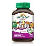 Jamieson Multivitamin Chewable for Kids, Orange, Grape, Cherry and Raspberry Flavours, Supports Growth and Development, Healthy Bones and Teeth. Prevents Iron Deficiency, Easy to Digest, Gluten-Free, Lactose-Free, No Artificial Colours or Flavours, 60 Count