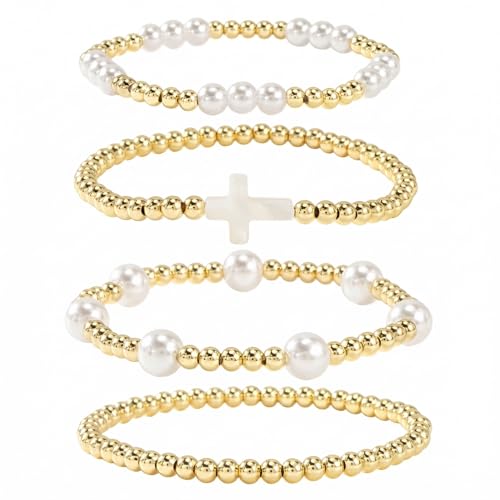 Bohxantium Gold Beaded Bracelets Stack for Women Stackable 14K Gold Plated Beads Ball Cross Bracelet Boho Christian Jewelry Faith Friendship Birthday Gifts for Women