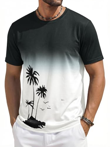 Runcati Mens Short Sleeve T-Shirts Casual Graphic Gradient Printed Tee Crewneck Summer Beach Hawaiian Vintage Shirts White