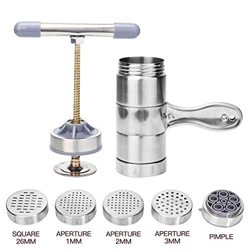 Vetaking Stainless Steel Manual Noodles Press Hand Crank Spaghetti Fettuccine Noodle Dough Press Machine Pasta Maker With 5 Noodle Mould, Fruit Juicer Squeezer (18.5X14Cm) #TOP3