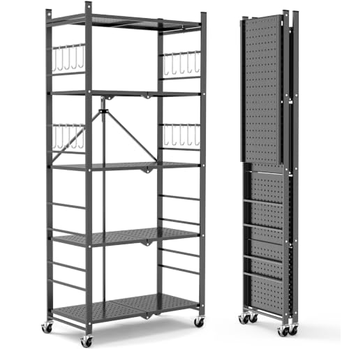 Image of Himix 5-Tier Foldable Storage Shelves with 20 Hooks Wheels Grey Display | Folding shelving units, Metal collapsible organization, Wire shelf, No assembly, Bookshelf, Kitchen, Home rack, Holds 440 Ibs