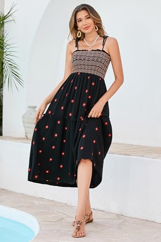 Image of R.Vivimos Womens Summer Cotton Boho Midi Dress 2026 Spaghetti Strap Floral Embroidered Smocked Tiered Flowy Long Dresses