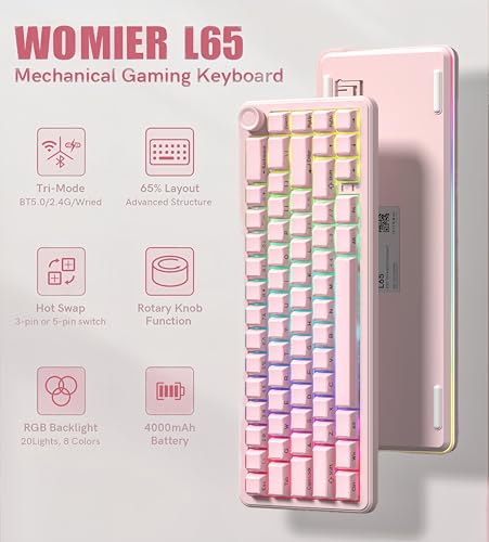 Image of womier L65 60% Pink Mechanical Keyboard with Knob,4000mAh,Tri Mode USB-C /BT5.0 /2.4G,RGB Backlit,Hot Swap,Crystal Jelly keycaps,Linear Switch,Gasket Mounted Wireless Gaming Keyboard for PC /Mac