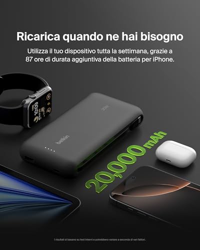Belkin Caricabatteria portatile, power bank 20K PD 30 W con cavo integrato, ricarica rapida USB-C Power Delivery, caricabatteria portatile per iPhone 16 Series, iPad Pro, Galaxy S25 Series ecc, Nero - Immagine 4