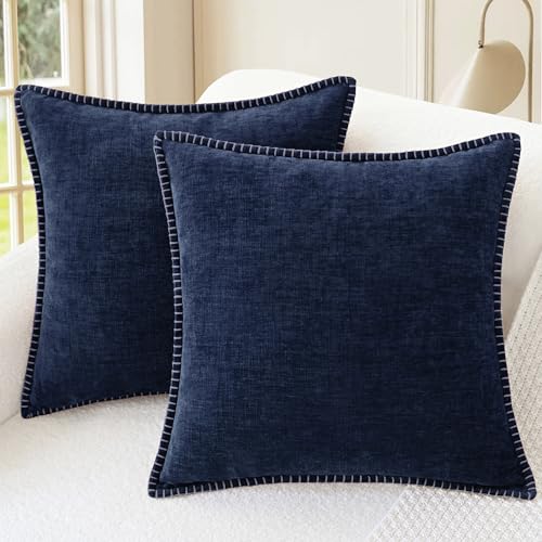 CaliTime Throw Pillow Covers Decorative 18 X 18 Inches Pack of 2 Cotton Thread Stitching Edges Solid Dyed Soft Chenille Cushion Cases for Couch Sofa Bed Living Room Farmhouse Navy Blue