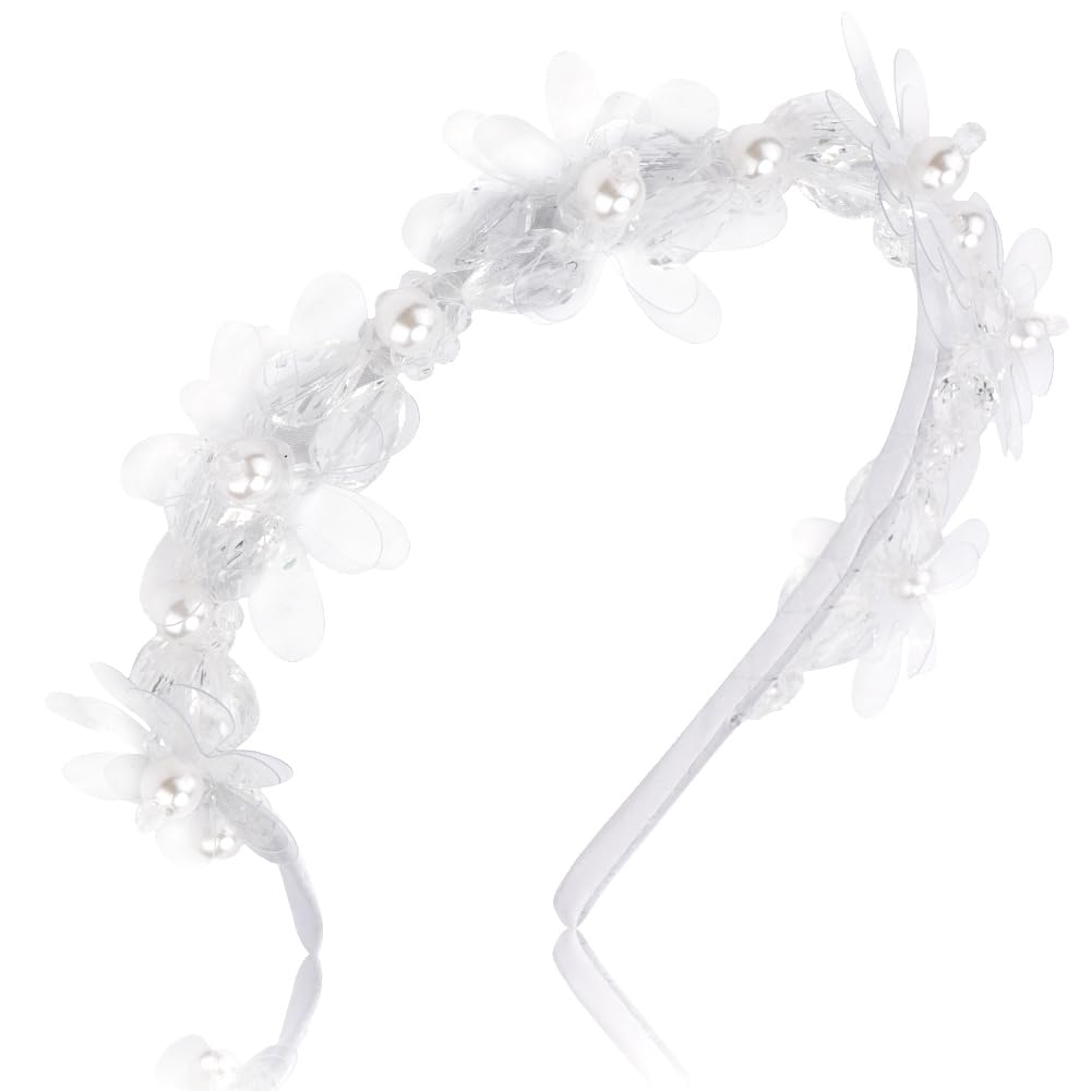 AHONEY Headband, White Flower Headpiece for Women and Girls, Elegant Dressy Hair Band with Pearl, Acrylic, Crystal Beads, Resin - Daily, Party, Wedding, Dating, Concert, Photoshoot Hair Accessories - Image 3