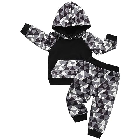 Derouetkia Toddler Baby Boys Triangle Printed Long Sleeve Hoodie Tops Pants Outfit Clothes Set (6-9 Months) Cover