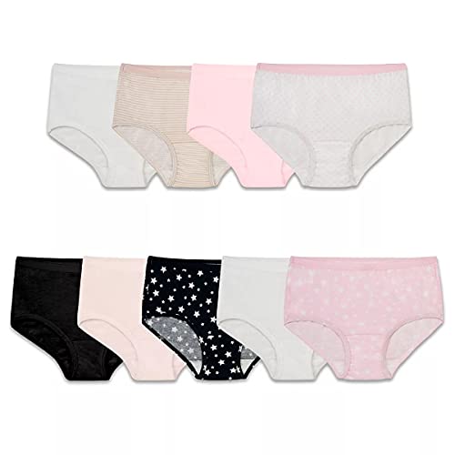 Fruit of the Loom Girls' Assorted Brief (Pack of 9), Pink/Black/White/Beige, 4