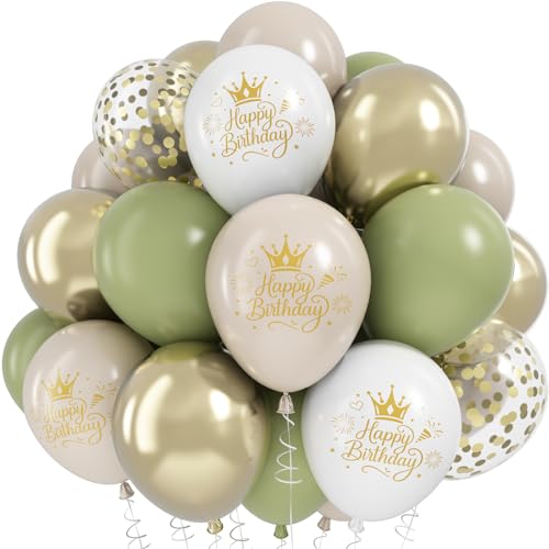 Image of Sage Green Sand White Gold Birthday Balloons, 12 Inch Olive Green Cream Beige Sand White Printed Balloons with Metallic Light Gold Confetti Balloon for Women Girls Boys Birthday Party Decorations