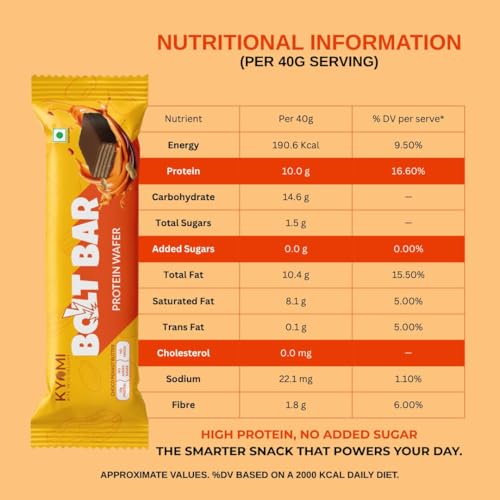 Image of Kyomi Bolt Bar Protein Wafer Bar | Choco Peanut Butter | 10g Protein | No Added Sugar | No Preservatives | 100% Vegetarian | Pack of 10 Bars (400g)
