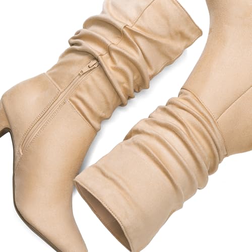 DREAM PAIRS Women's High Heel Mid Calf Boots Slouchy Pointed Toe Fall Boots,Size 8,Nude/Suede,KIMLY