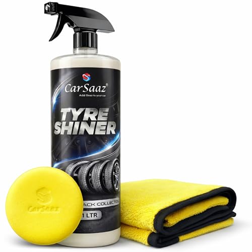 Image of CAR SAAZ Tyre Shiner (1L) with Applicator Pad and Microfiber Cloth | Car & Bike Tyre Polish & Dresser | Gives Instant Shine, Increases Life, Prevents Fading & Cracking | Long-Lasting Protection