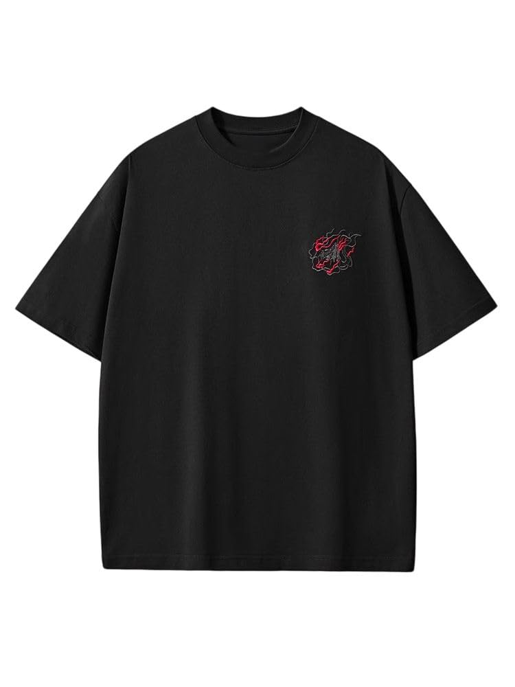 Męski bawełniany t-shirt z okrągłym dekoltem, chiński haft, nacięte ramiona, luźny top na czas wolny