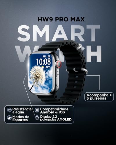 Relógio Inteligente Smartwatch HW9 PRO MAX 3 Pulseiras Removíveis, Tela AMOLED Premium 2.2 Polegadas