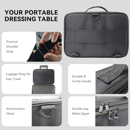 MORMID Travel Makeup Case 3 Layers Portable Makeup Train Case Cosmetic Bag Organizer Storage for Women with Adjustable Dividers and Shoulder Strap for Toiletry Travel Accessories(Black,XL) - Thumbnail 4