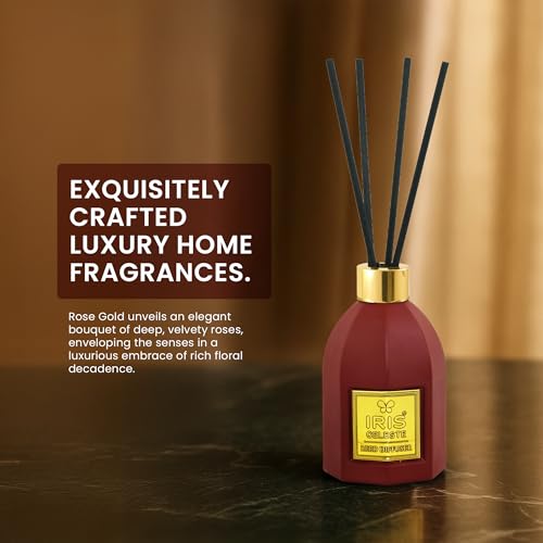 Image of IRIS Celeste Rose Gold Reed Diffuser Set 150ml |5 Black Fiber Reed Sticks 9 inch|Stress Relief & Aromatherapy |Long-Lasting,Smoke-Free Air Freshener for Home,Bedroom and Office | Ideal for Gifting.
