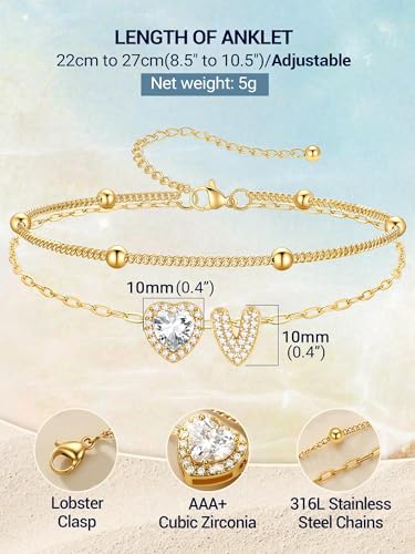 PROSTEEL V Letter Ankle Bracelets for Women Waterproof, Layered Stainless Steel Summer Beach anklets, Gold 8.5-10.5 Inch Adjustable, Come with Box - Thumbnail 4