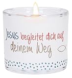 Butzon & Bercker LichtMoment „Jesus begleitet Glas-Windlicht mit Regenbogenmotiv - Teelichthalter mundgeblasen inkl. Teelicht und Geschenkverpackung, im Format 6 x 6,5 cm. Ideal als kleines Geschenk