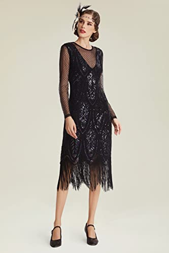 BABEYOND Women's Gatsby Flapper Dress - 1920s Long Sleeves Sequin Beaded Dress for Party Black3