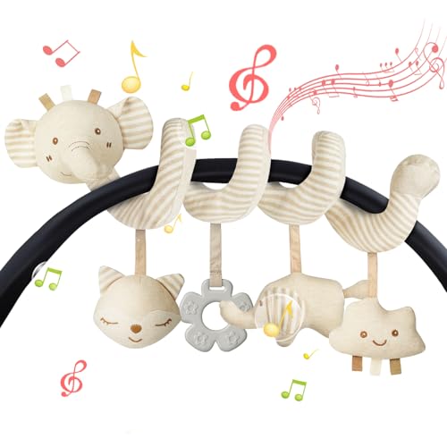 Vicloon Colgantes para Cochecitos Juguetes para Bebé de 0 a 24 Meses, Juguetes de Peluche en Espiral para Bebé con Mordedor y Sonajero, para Cochecitos/Cunas/Asientos de Automóviles (Elefante Beige)