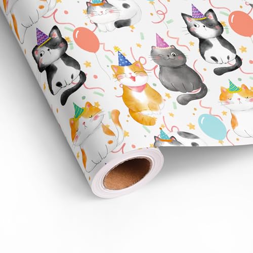 Dtiafu Birthday Cat Wrapping Paper Roll - Cute Kitten Pattern with Party Hats Balloons Design for Birthday Baby Shower Party Holiday Total 28.5sq.ft