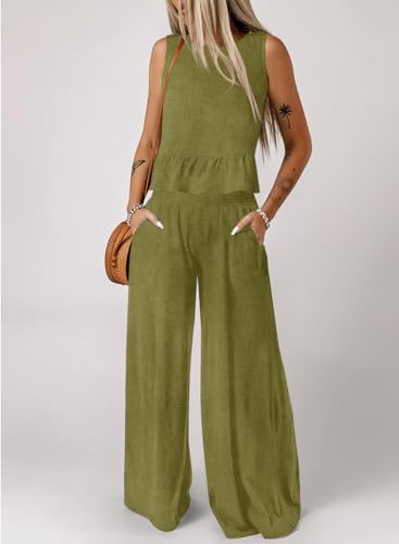 Image of Dokotoo Pants Sets Women 2 Piece Outfits Sleeveless Round Neck Tank Tops Matching Sets for Women Elastic Waist Wide Leg
