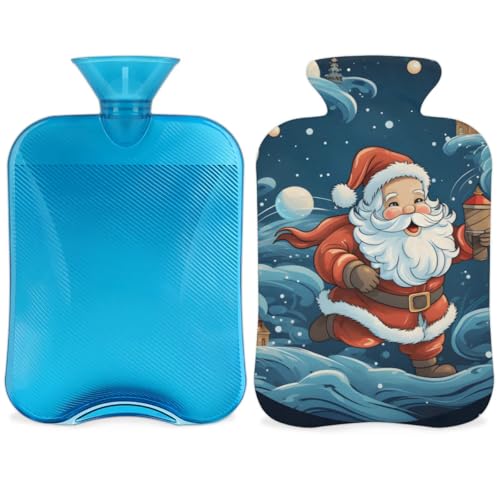 Hot Water Bottle with Soft Cover,2L Fantastic Santa Claus Hot Water Bag for Hot and Cold Compress, Hand Feet Warmer, Cartoon Santa Claus Rubber Hot or Cold Water Bottle Halloween Christmas Decorations