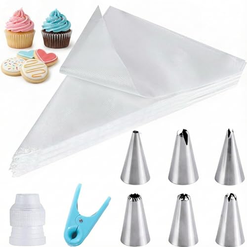 HAKACC 100 Stück Einweg Spritzbeutel Set mit 6 Edelstahl Tüllen, Profi Backzubehör für Tortendeko und Cupcakes, Spritzbeutel mit Adapter und Clip für Sahne und Icing