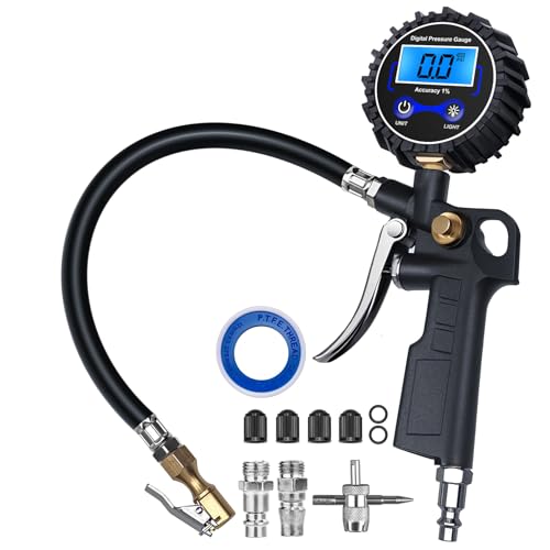 Digital Tire Pressure Gauge with Inflator, 3-250 PSI Air Compressor Accessories with Air Chuck Quick Connect Coupler, Car Attachments with Rubber Hose for Car, Truck, SUV, Cycle, RV