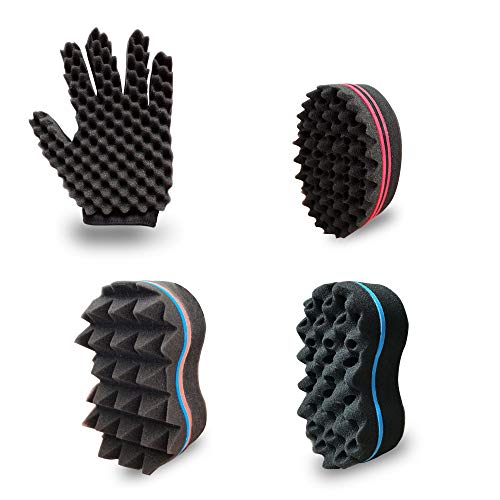 Barber Curl Twist Sponge Glove(Left) and Big Holes Hair Brush Double Sided Sponge Kit Tutorial For Dreads Locking Twist Afro Curling Coils Wave Men and Women Hair Care Tool Set of 4(Blend)