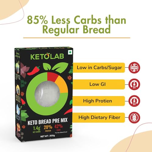 Image of Ketolab Natural Flavor Keto Bread Pre-Mix,300 Gms,1 Pack,1.3G Net Carb&5G High Protein /Slice,Identical To Regular Bread,Ultra Low Carb,Pre-Biotic High Fibre,Low Glycemic Index(Gi), Diet&Weight Loss