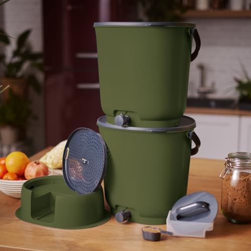 Bokashi Essential Komposter 2 Stück 15,3 l + 1 kg Brain + 1 Base-Olive