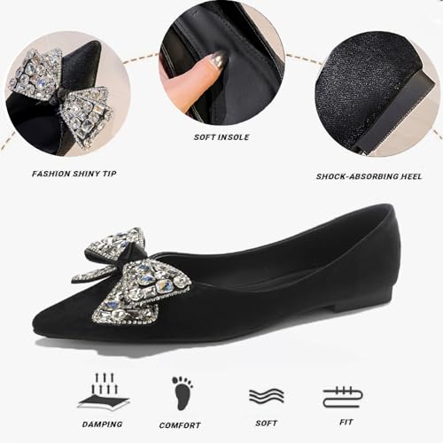 Women's Suede Bow Rhinestones Flats Fashion Shallow Mouth Closed Pointed Toe Comfortable Slip On Soft Sole Dress Low Heel Shoes for Business Party Shoes4