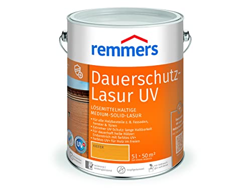 Remmers Dauerschutz-Lasur UV kiefer, 5 Liter, Dekorative Medium-Solid-Lasur für Außen, auch für helle Farbtöne und farblos UV+, wetterbeständig