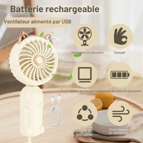 Gukasxi Mini ventilateur portable pliable USB avec batterie rechargeable, petit ventilateur personnel 3 vitesses pour bureau, intérieur, extérieur, voyage, maquillage (blanc) – vue 3